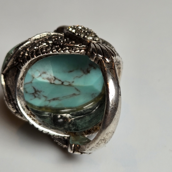Fossil Chunky Statement Silver Tone Rhinestone Birds Turquoise Color Ring Sz 8 - Picture 5 of 12